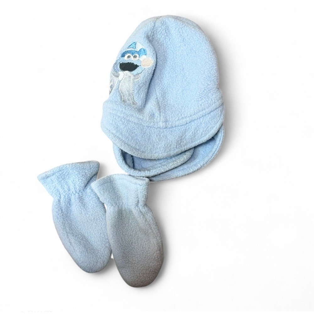 Vintage Sesame Street Cookie Monster Infant Fleece Hat Mittens Set Blue One Size
